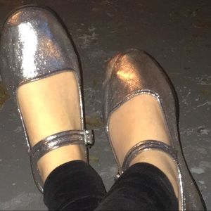 metallic silver mary jane flats